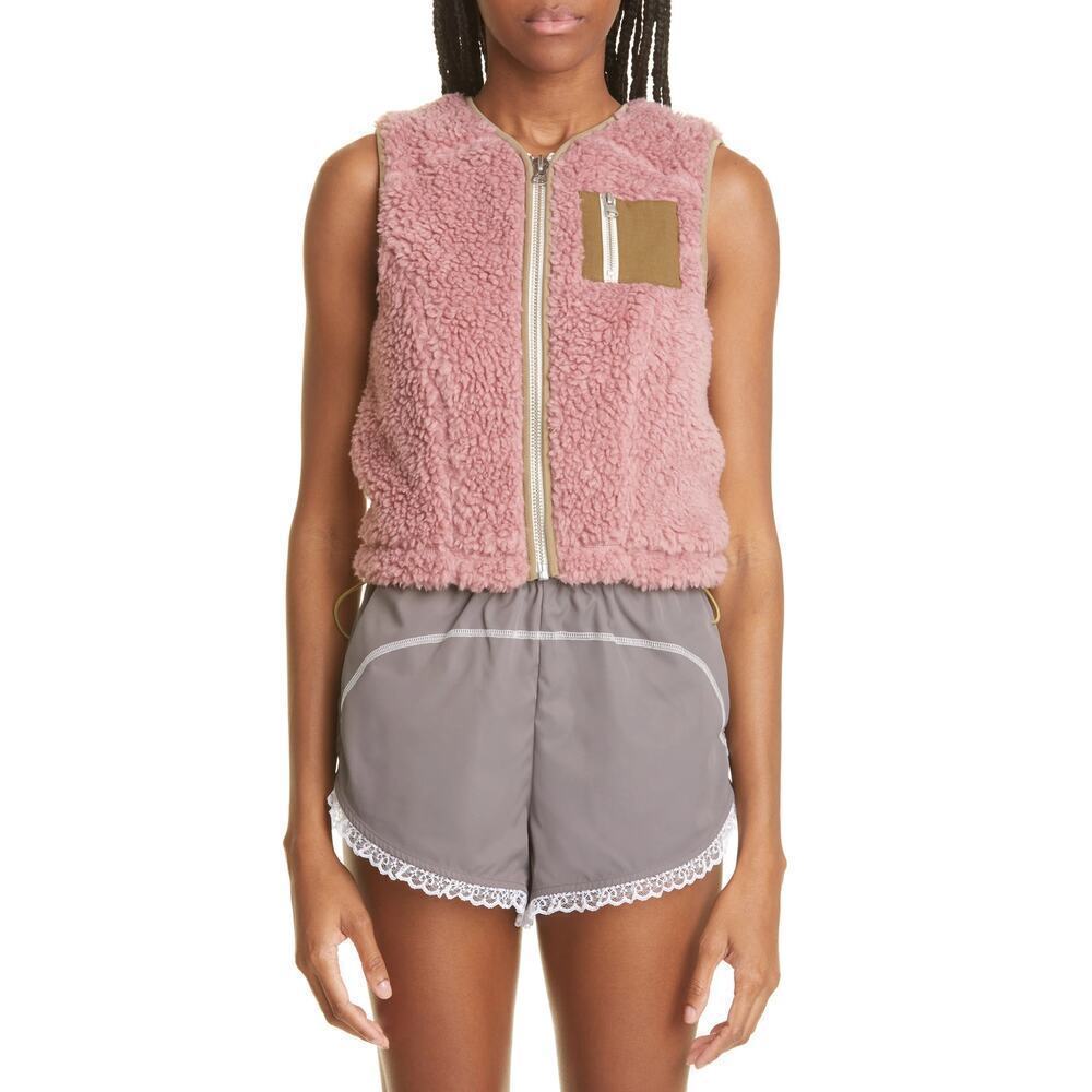 Sandy Liang Pink Sherpa Zip Vest with Tan Patch